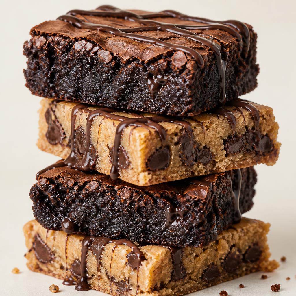 Stack of brownies and blondies with chocolate drizzle