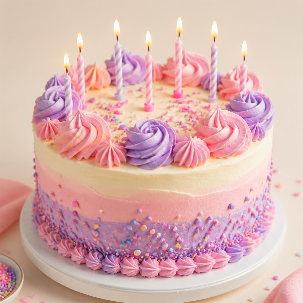 Pastel celebration cake with candles
