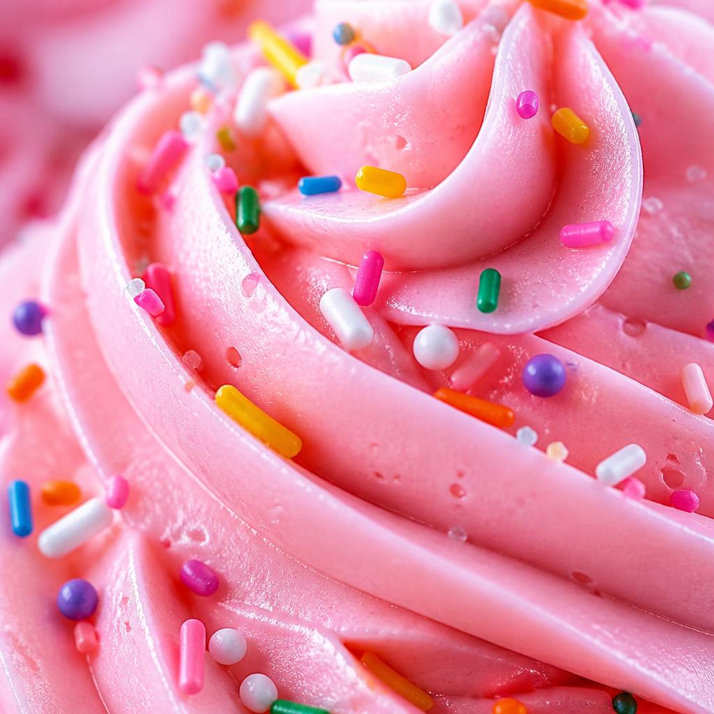 Close-up of pink frosting with sprinkles