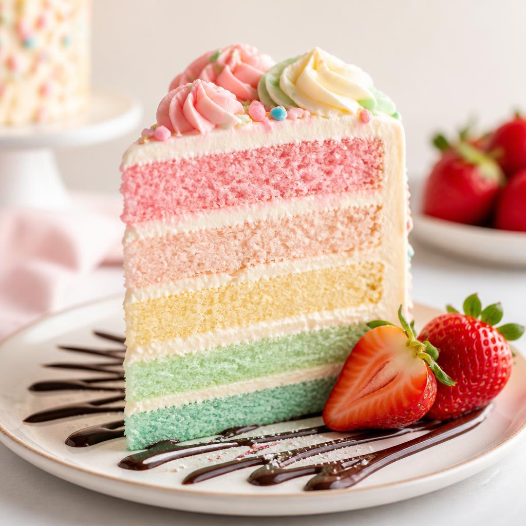 Slice of layered pastel cake with strawberries