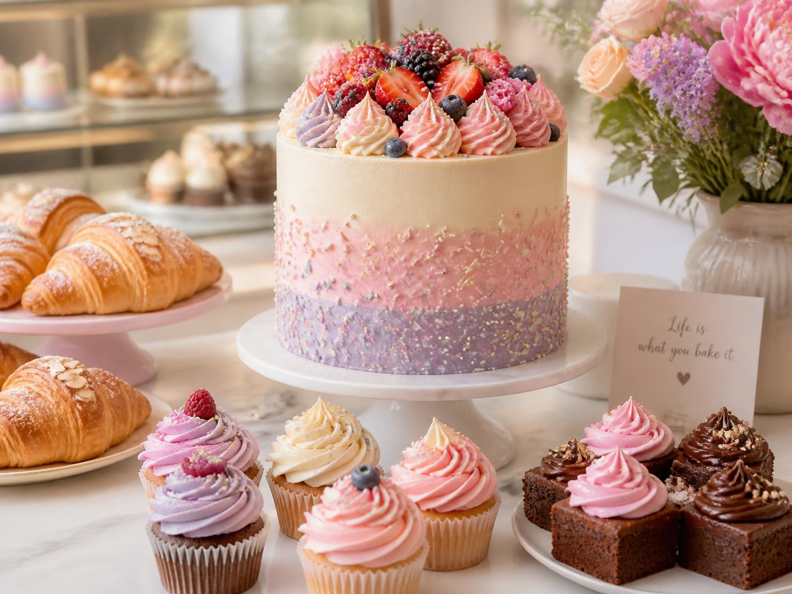 Pastel celebration cake with croissants, cupcakes and brownies